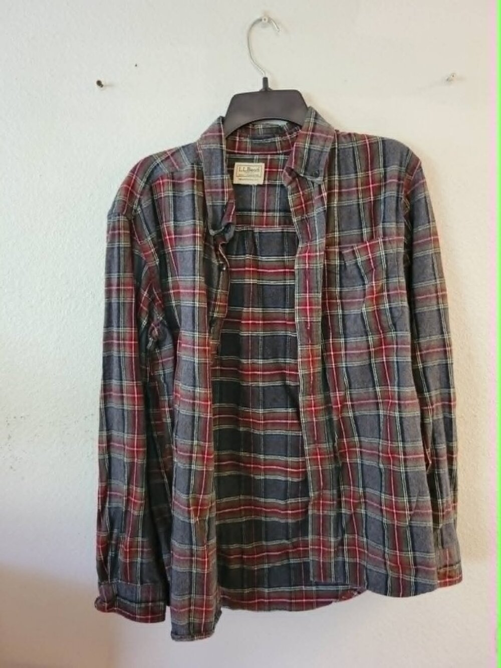 L.L. Bean S/M Plaid Button Down Shirt Green Red Flannel #271